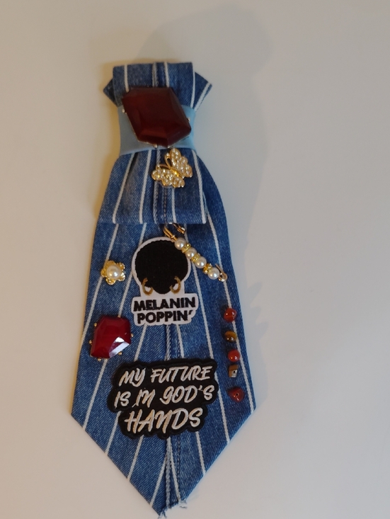 Accessories - Denim Pin Tie with 'Melanin Poppin' & Faith Patch